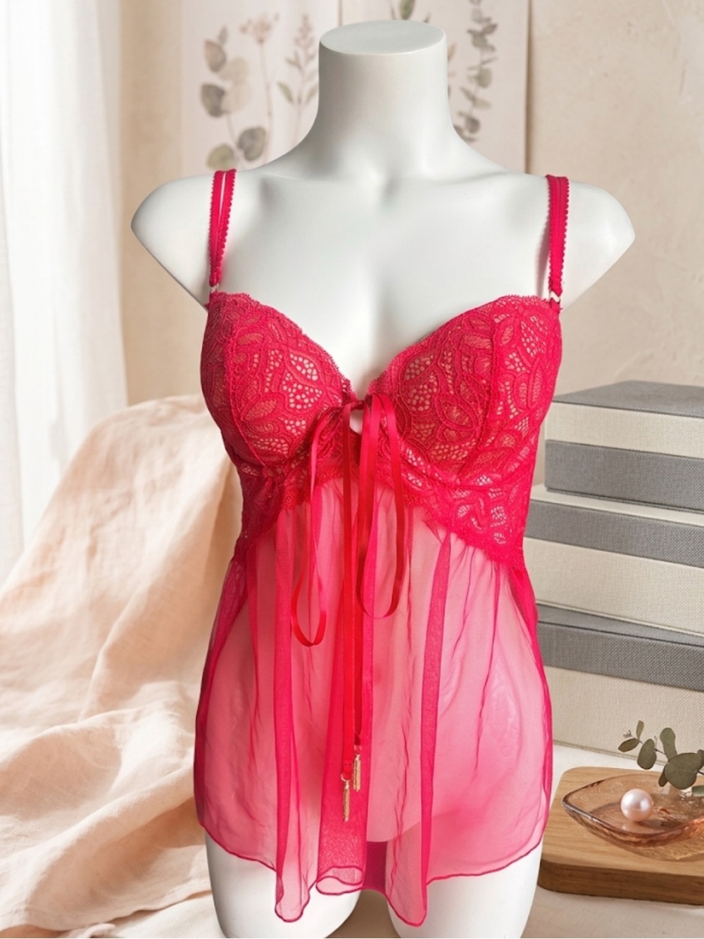 Victoria’s Secret Red Lace & Mesh Lingerie – Size 36C | Romantic Boudoir Flawed
